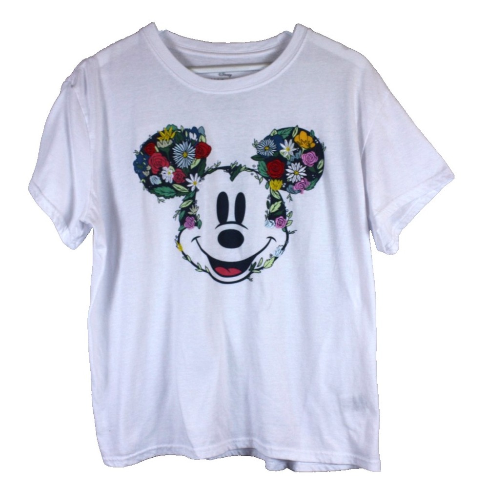 Disney Mickey Mouse T-shirt Size 3XL Floral Embroidered White Short Sleeve Top